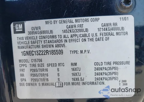 2002 Chevrolet Tahoe Ls из США, поврежденный, VIN 1GNEC13Z22R185509